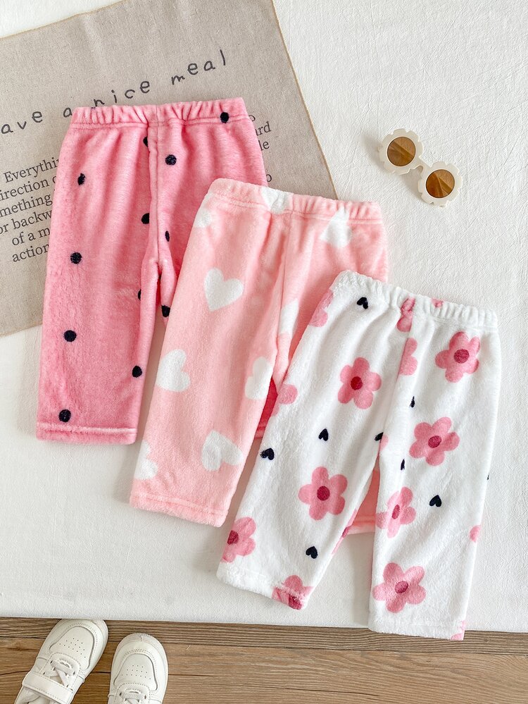 SHEIN 3 Pack Baby Girls Fuzzy Pants Leggings Cute Sweet Pink White Polka Dot Heart Floral Print Thick Plush Holiday Winter Holiday Elastic Waist - Multicolor - View 2