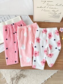 SHEIN 3件組女嬰毛絨褲腿緊身褲，可愛甜美粉色白色波點愛心花卉印花，加厚絨毛，彈性腰頭，適合冬季假期 - 彩色 - 查看 4