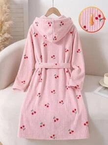 SHEIN 青少年女孩簡約秋冬舒適保暖加厚內裡櫻桃印花居家服 - 淺粉色 - 查看 3