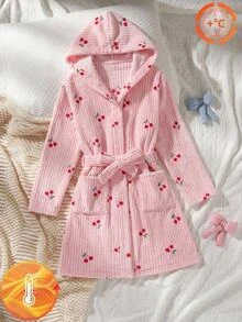 SHEIN 青少年女孩簡約秋冬舒適保暖加厚內裡櫻桃印花居家服 - 淺粉色 - 查看 5