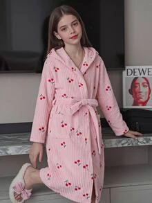 SHEIN 青少年女孩簡約秋冬舒適保暖加厚內裡櫻桃印花居家服 - 淺粉色 - 查看 7