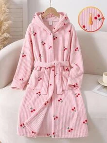 SHEIN 青少年女孩簡約秋冬舒適保暖加厚內裡櫻桃印花居家服 - 淺粉色 - 查看 2