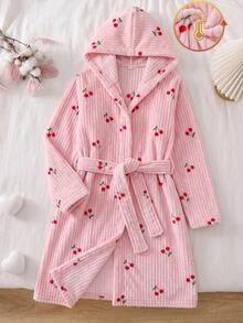 SHEIN 青少年女孩簡約秋冬舒適保暖加厚內裡櫻桃印花居家服 - 淺粉色 - 查看 9