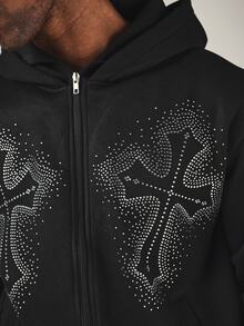 SUMWON Rhinestone Embellished Full-Zip Hoodie With Balaclava Mask Hood Cross Graphic Oversized Fit Long Sleeve Winter Sweatshirt Jacket - Black - View 4
