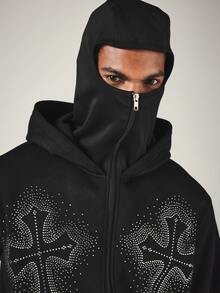 SUMWON Rhinestone Embellished Full-Zip Hoodie With Balaclava Mask Hood Cross Graphic Oversized Fit Long Sleeve Winter Sweatshirt Jacket - Black - View 5