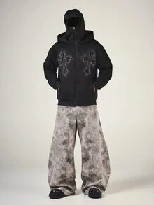 SUMWON Rhinestone Embellished Full-Zip Hoodie With Balaclava Mask Hood Cross Graphic Oversized Fit Long Sleeve Winter Sweatshirt Jacket - Black - View 3