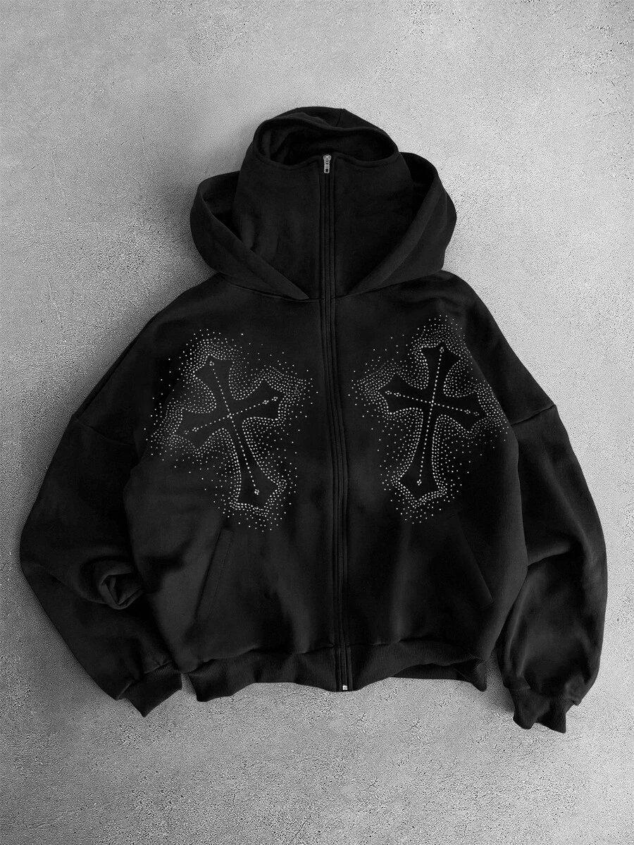 SUMWON Rhinestone Embellished Full-Zip Hoodie With Balaclava Mask Hood Cross Graphic Oversized Fit Long Sleeve Winter Sweatshirt Jacket - Black - View 1