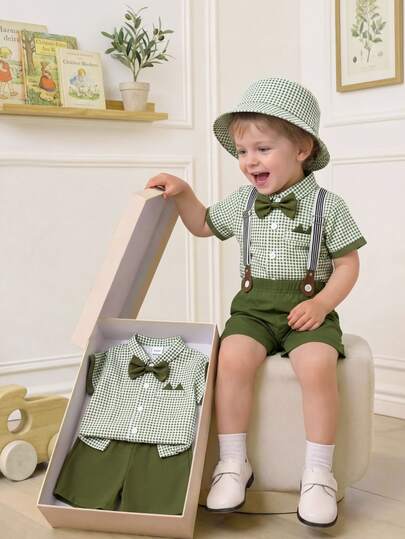 Souflis Souflis BABY BOYS Green Gingham Sage Green Plaid Shirt Suspender Shorts 4pcs Cute Outfit Set Hat Bowknot Infant Toddler Birthday Family Matching Holiday