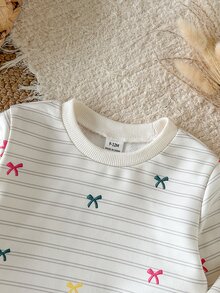 SHEIN Playful Pals 女嬰春夏/秋冬米白色數位條紋印花長袖上衣與寬腿長褲套裝，可愛舒適休閒穿著，適合室內與戶外穿著 - 彩色 - 查看 4
