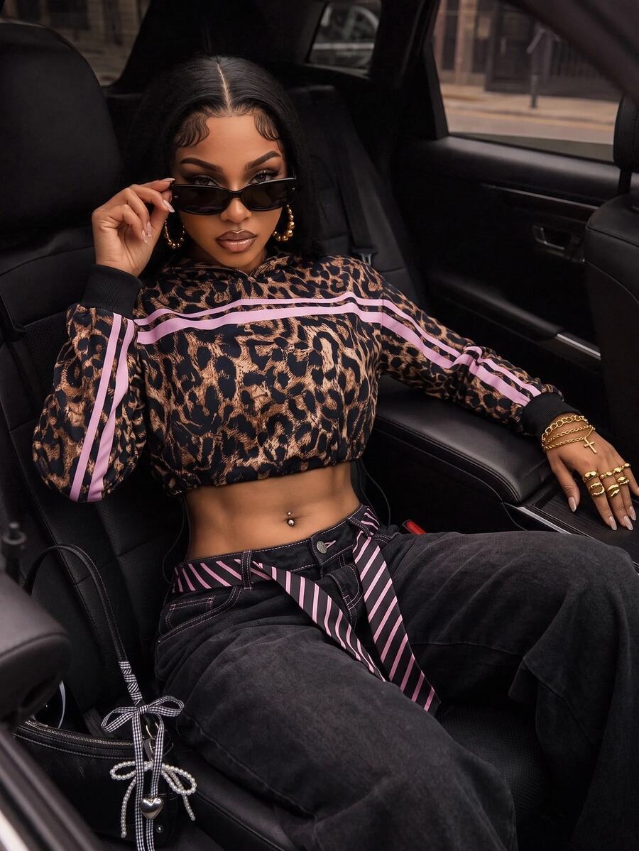 BamGleam Y2K leopardmönstrad avslappnad casual sweatshirt med huva, löpning på hösten, utomhusmotion, fitness, street - Brun - Visa 1