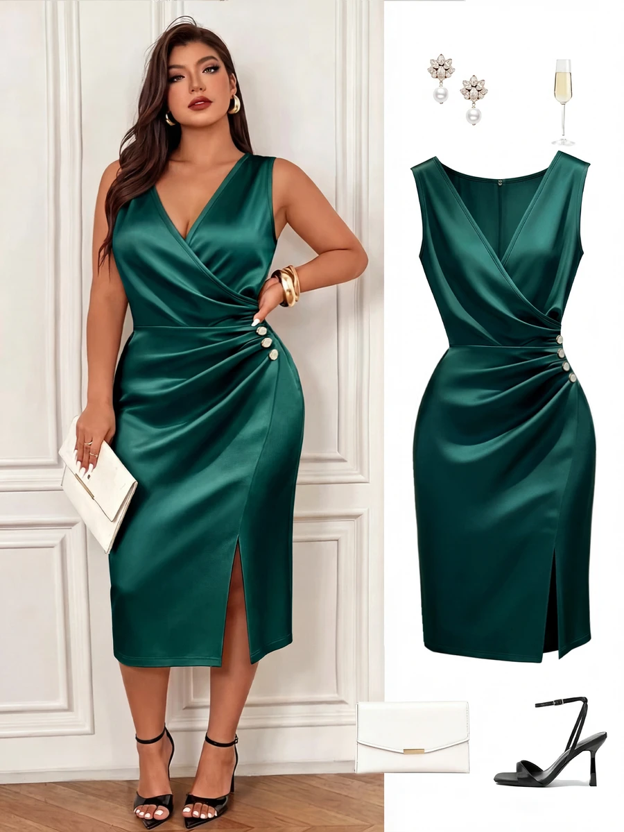Femmeverse Plus Size Women's Solid Color Overlap V-Neck Pleated Design Sleeveless Elegant Dress - Dark Green - View 1