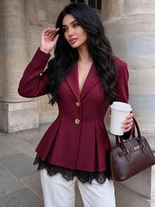 Modelyn Contrast Lace Fold Pleated Metal Floral Placket Blazer - Burgundy - View 2
