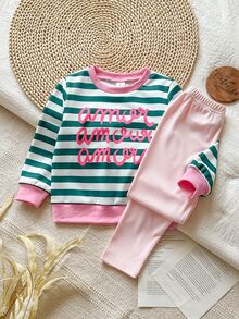 SHEIN Vintaside Kids 女童黃色漸層花卉長袖運動衫與羅紋內搭褲套裝，時尚可愛春/秋季穿搭 - 彩色 - 查看 3