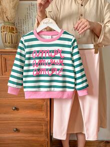 SHEIN Vintaside Kids 女童黃色漸層花卉長袖運動衫與羅紋內搭褲套裝，時尚可愛春/秋季穿搭 - 彩色 - 查看 4