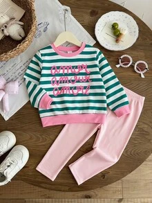 SHEIN Vintaside Kids 女童黃色漸層花卉長袖運動衫與羅紋內搭褲套裝，時尚可愛春/秋季穿搭 - 彩色 - 查看 1