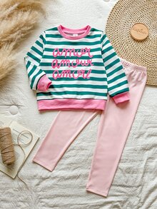 SHEIN Vintaside Kids 女童黃色漸層花卉長袖運動衫與羅紋內搭褲套裝，時尚可愛春/秋季穿搭 - 彩色 - 查看 9