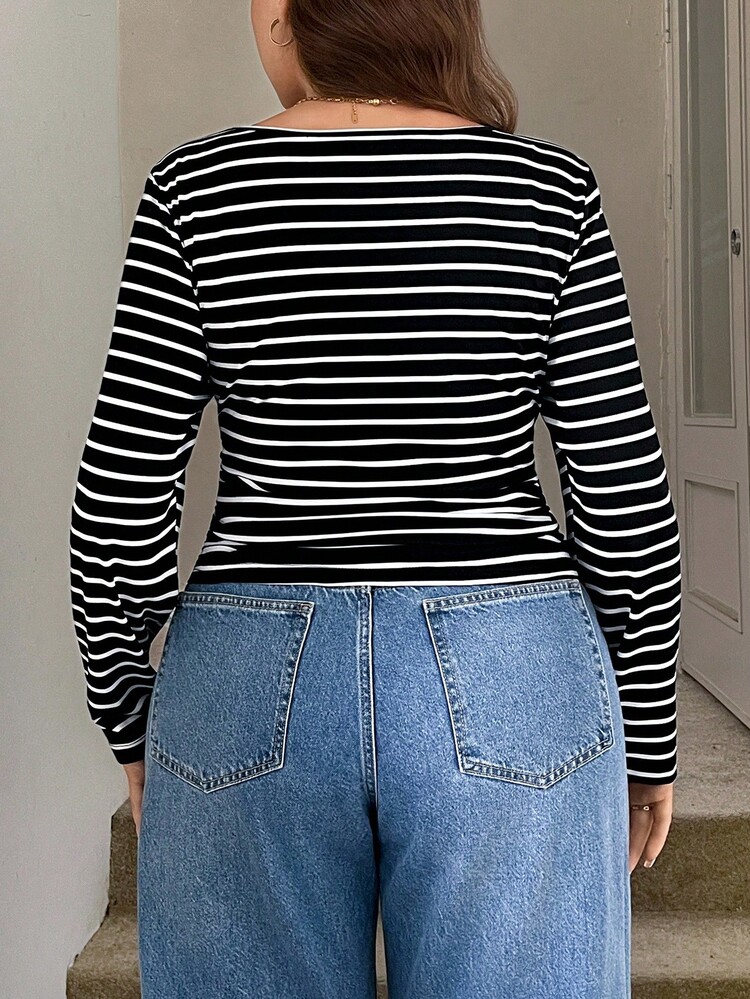 Easowa Curve Plus Size Women's 2pcs Black And White Striped & Solid Square Collar Long Sleeve Slim Fit Tops Set,Autumn Smart Casual Vacation Office Fall Clothes - Black and White - View 7