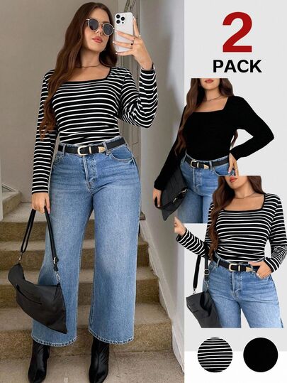 Easowa Curve Plus Size Women's 2pcs Black And White Striped Solid Square Collar Long Sleeve Slim Fit Tops Set Autumn Casual Elegant Birthday Fall Clothes