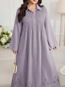 Solavon Plus Size Women Solid Color Pleated Casual Daily Summer Dress - Purple - View 7