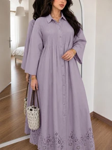 Solavon Plus Size Women Solid Color Pleated Casual Daily Summer Dress - Purple - View 1