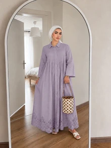 Solavon Plus Size Women Solid Color Pleated Casual Daily Summer Dress - Purple - View 4