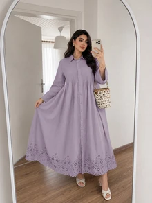 Solavon Plus Size Women Solid Color Pleated Casual Daily Summer Dress - Purple - View 5