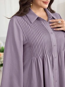 Solavon Plus Size Women Solid Color Pleated Casual Daily Summer Dress - Purple - View 8