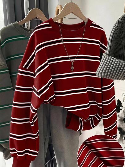 SHEIN LUNE Casual preppy sweatshirt voor dames met rode en witte strepen, herfst outfit voor dagelijks gebruik op school en college, top voor school en uitgaan