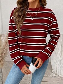 SHEIN LUNE Women's Casual Preppy Red And White Striped Striped Sweatshirt, Autumn Everyday School,College Outfit,School,Going Out Everyday School Top - Multicolor - View 8