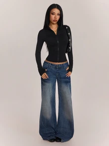 SHEIN PETITE جاكيت نسائي رقيق بلون موحد بأكمام طويلة وسحاب ضيق، مناسب للخروجات والرياضة والارتداء اليومي والعطلات - الأسود - مشاهدة 4