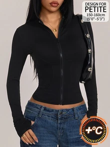 SHEIN PETITE جاكيت نسائي رقيق بلون موحد بأكمام طويلة وسحاب ضيق، مناسب للخروجات والرياضة والارتداء اليومي والعطلات - الأسود - مشاهدة 1