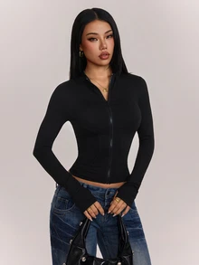SHEIN PETITE جاكيت نسائي رقيق بلون موحد بأكمام طويلة وسحاب ضيق، مناسب للخروجات والرياضة والارتداء اليومي والعطلات - الأسود - مشاهدة 8