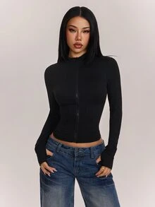 SHEIN PETITE جاكيت نسائي رقيق بلون موحد بأكمام طويلة وسحاب ضيق، مناسب للخروجات والرياضة والارتداء اليومي والعطلات - الأسود - مشاهدة 3