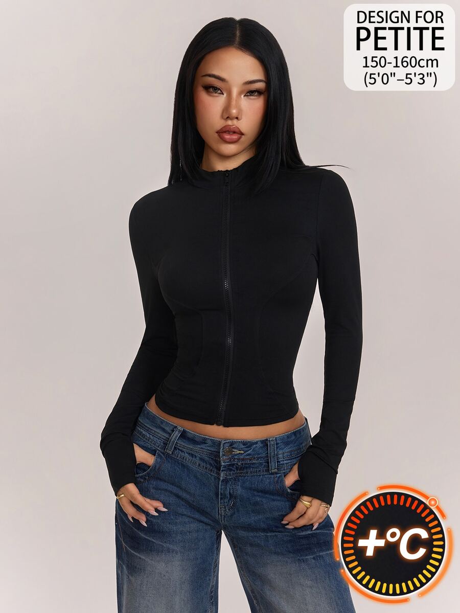 SHEIN PETITE 女款薄款純色長袖拉鍊修身夾克,適合外出、運動、日常穿著、度假 - 黑色 - 查看 1
