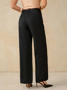 SHEIN Tall Women's Solid Color Toothpick Stripe Design Straight Leg Casual Pants - Black - View 2