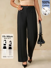 SHEIN Tall Women's Solid Color Toothpick Stripe Design Straight Leg Casual Pants - Black - View 10