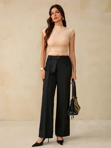 SHEIN Tall Women's Solid Color Toothpick Stripe Design Straight Leg Casual Pants - Black - View 5