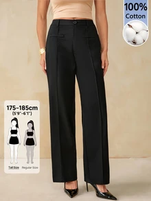 SHEIN Tall Women's Solid Color Toothpick Stripe Design Straight Leg Casual Pants - Black - View 11