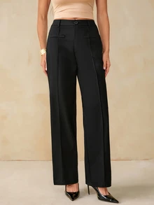 SHEIN Tall Women's Solid Color Toothpick Stripe Design Straight Leg Casual Pants - Black - View 8