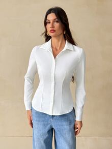 SHEIN Tall قميص نسائي بلون موحد كاجوال متعدد الاستخدامات للارتداء اليومي - أبيض - مشاهدة 4