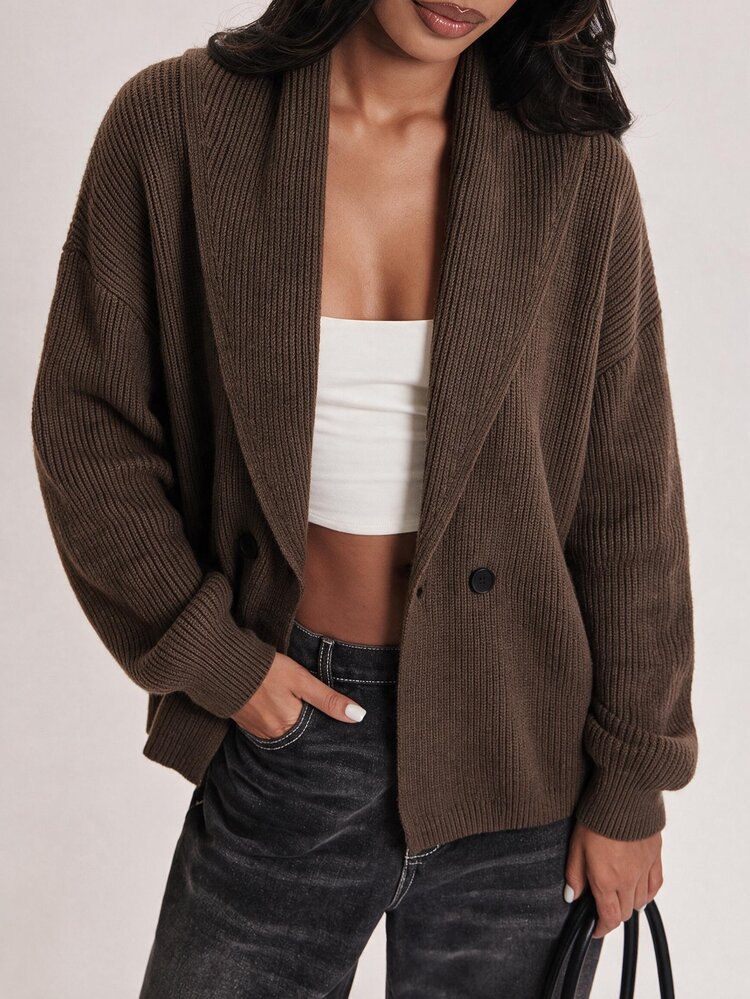 SHEIN BAE Women's Vintage Button Long Sleeve Knit Cardigan, Collegiate Style - Coffee Brown - View 2