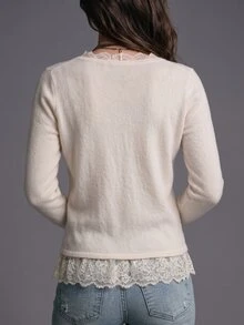 SHEIN Autumn New Arrival Elegant Romantic Lace Trim V-Neck Knit Cardigan Tops For Women Going Out Brunch Holiday Office Outfit Off-White Long Sleeve Sweate - White - View 3