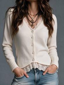 SHEIN Autumn New Arrival Elegant Romantic Lace Trim V-Neck Knit Cardigan Tops For Women Going Out Brunch Holiday Office Outfit Off-White Long Sleeve Sweate - White - View 2