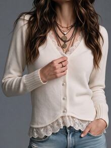 SHEIN Autumn New Arrival Elegant Romantic Lace Trim V-Neck Knit Cardigan Tops For Women Going Out Brunch Holiday Office Outfit Off-White Long Sleeve Sweate - White - View 5