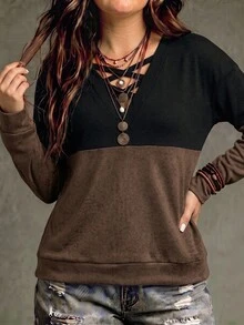 SHEIN LUNE Women's Casual Contrast Color Plus Size Sweatshirt, Autumn/Winter Fall - Multicolor - View 3