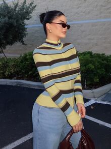 SHEIN SXY Women's Striped Long Sleeve Zip-Up Casual Knit Cardigan - Multicolor - View 5