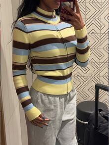 SHEIN SXY Women's Striped Long Sleeve Zip-Up Casual Knit Cardigan - Multicolor - View 1
