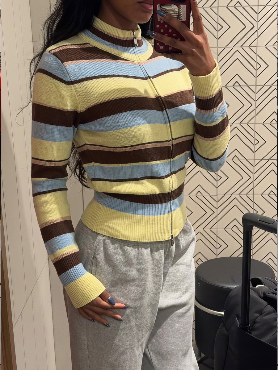 SHEIN SXY Women's Striped Long Sleeve Zip-Up Casual Knit Cardigan - Multicolor - View 1
