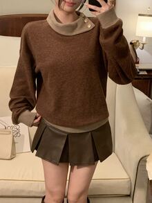 Joudiya Women's Brown Colorblock Patchwork Collared Button Loose Casual Commute Knit Elegant Date T-Shirt, Autumn/Winter - Camel - View 8