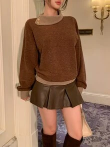 Joudiya Women's Brown Colorblock Patchwork Collared Button Loose Casual Commute Knit Elegant Date T-Shirt, Autumn/Winter - Camel - View 2